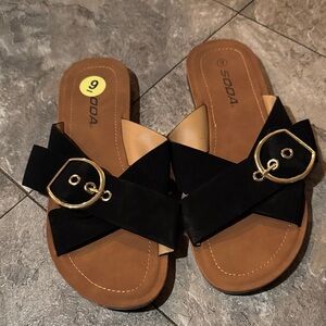 Soda Women's Black Sandals with Gold Buckle